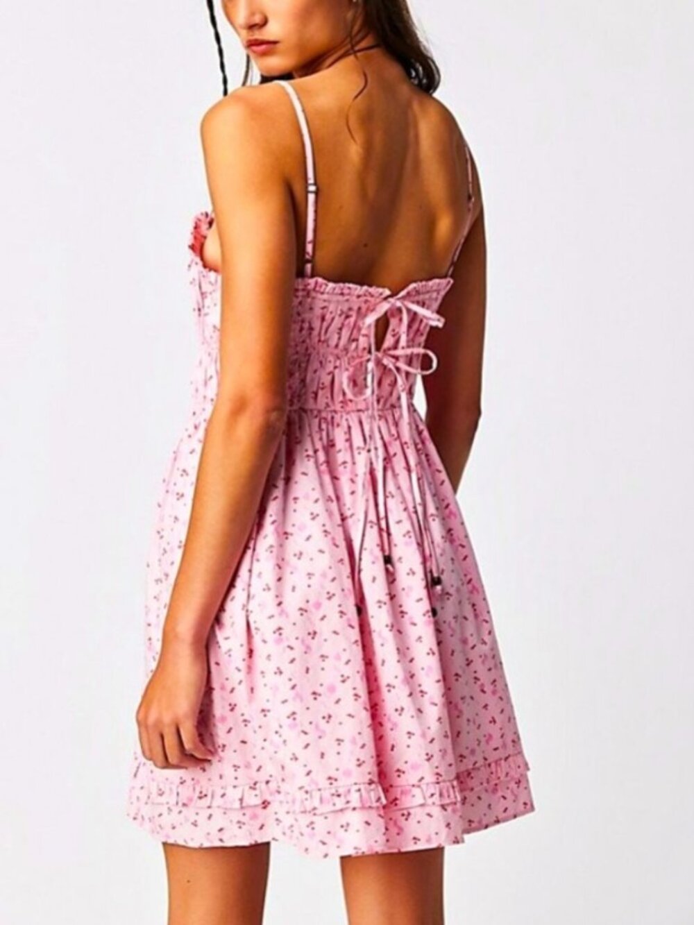 Free People Gabby Mini Dress Pink Cherry Print Size XS Boho Cottagecore Smocked - Picture 2 of 16